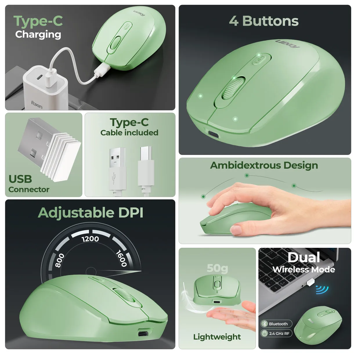 Foxin Wireless Mouse Flow 2.4G + BT (Flow) Green view 5